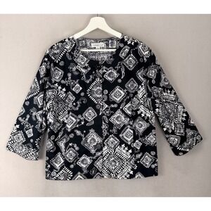 Coldwater Creek Women's Sz 16 Black White‎ Geometric Floral Boxy Blazer Jacket